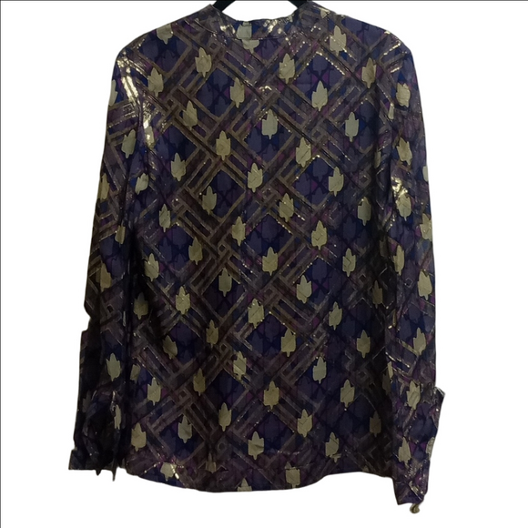 🆕 TORY BURCH PLUM PURPLE SILK BELL SLEEVES BLOUSE WITH GOLD METALLIC ACCENTS - Picture 4 of 10